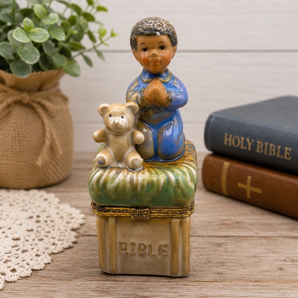 RELIGIOUS PORCELAIN KNEELING/PRAYING-BOY & TEDDY BEAR-HINGED TRINKET BOX- 4&5/8"